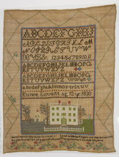 Needlework Sampler of Eunice Loveitt: Needlework sampler of Eunice Loveitt. Dated 1830. New England. Beautiful condition. Bright colors. Never framed H 21" W 17-1/2". Please refer to this link for a high-res image.