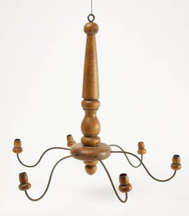 Antique Chandelier with Wood Turned Shaft: Interesting country chandelier. American, last quarter of the 19th century. Cherrywood turned central shaft. Each of six shaped wire arms holds an acorn shaped turned cherrywood bobeche. Never