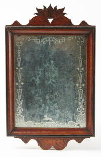 Fine Early Decorated 19th C Folk Art Mirror: Fine early decorated looking glass. Queen Anne- Chippendale transitional with original etched glass. Delineated leaf motif. American, circa 1800. Inspected under UV light. Untouched original