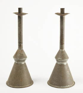 Unusual Pair Tin Candlesticks: Unusual pair of tall tin candle holders. Beautifully made. Maine, 19th century. Untouched surface. H 18-3/8". Please refer to this link for high-res images.