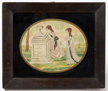 Memorial Watercolor: Fine small memorial watercolor with two figures. New England. Sacred to the Memory of Joshua Avery June 29, 1827. Original frame and glass. Framed size H 10-1/2" W 12-1/2". Please refer to this link