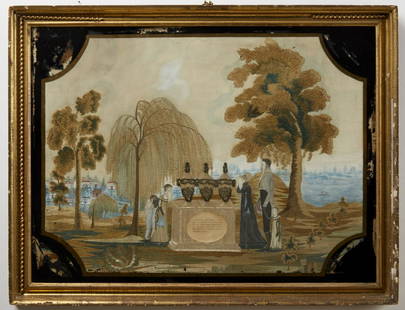 Framed Needlework Memorial: Fine early American needlework and watercolor memorial. Memorializes the death of 3 Parmalee children between 1800 and 1808. Fine original condition including frame and eglomise glass surround. Some