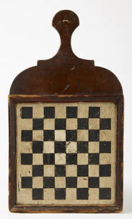 Rare Early Tavern Checkerboard: Rare early tavern checkerboard - black and white squares on shaped pine board with Queen Anne crest Molding around checkerboard applied with 18th century T-head nails. New England, circa 1800. Fine or