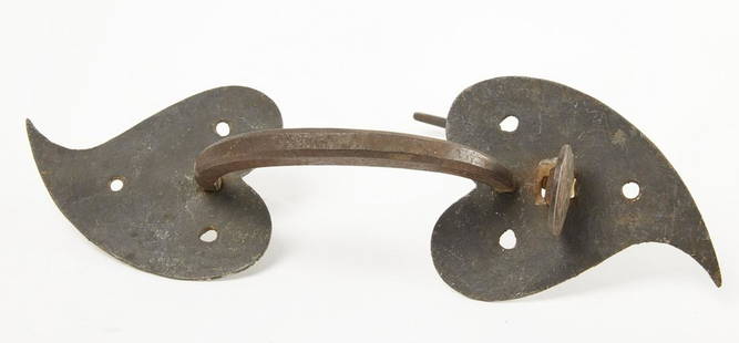 Early American Hearts Iron Door Handle: Fine early New England wrought iron door handle with two hearts. Circa 1800. H 13-3/4". Please refer to link for hi res photos.