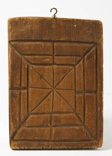 Mill Game-Checkerboard: Early mill game - checkerboard. New England, circa 1800. Incised and relief carved pine board 6 7/8” x 9 7/8” x 3/4”. Please refer to this link for high-res images.