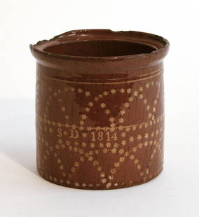 Rare Redware Jar dated 1814: Redware jar with slip decorated stars and date, American, dated 1814. Imperfections to rim. H 4-7/8" Top Dia. 5-1/8". Please refer to this link for high-res images.