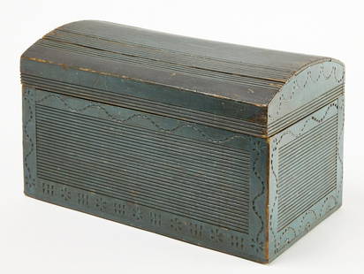 Fine Architectural Painted Dome Top Box: Rare early domed top document box with architectural carved detail. New England, dated 1818. Original blue paint. L. 16" D 8-3/4" 9-1/4". Please refer to this link for high-res images.