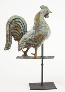 Rooster Weathervane: Fine rooster weathervane, unusual form with extreme full body construction. American, circa 1880. Original condition with outstanding dry patina. Shallow dent on one side. H without base 13-1/2" W