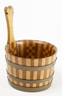 Inlaid Treen Bucket with Heart Handle: Fancy inlaid and carved treen bucket with heart handle and hidden rattle in the false bottom, brass banding. H to top of handle 6-1/2" D 4-5/8". Please refer to link for hi-res images.