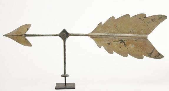 Unusual Early Arrow Weathervane: Unusual American 19th century arrow weathervane Heavy gauge copper with a beautiful natural verdigris and paint surface. Base not included. L 33-1/2" H 13-1/2". Please refer to this link for hi res ph