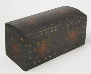 Paint - Decorated Document Box: Document box. Wood with original paint decoration. American, circa 1860. Note lyre and heart in green on the lid. Leather hinges. Outstanding condition. Inspected under UV light. No restoration