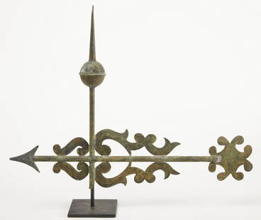 Small Bannerette Weathervane: Small banner weathervane with natural green verdigris and remnants of gilding. Ball and spike finial. Fine original condition. L 21" H 16". Please refer to this link for hi res images.