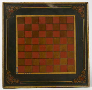 Checkerboard: Checkerboard. American, mid 19th century. Square nailed applied border. Red and gold with black lined squares. Surrounded by mustard and light green border on dark green base. Decorated corners with