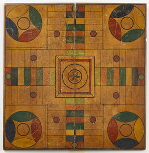 Parcheesi Gameboard: Large painted parcheesi gameboard. Original paint on folding wood panel. American, late 19th century. Inspected under UV light. No restoration noted. 24" x 23-3/4". Please refer to this link for