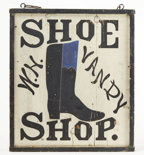 Fine Folk Art Shoe Trade Sign: Fine folk art shoe trade sign. Two-sided. New York State, late 19th century. Square nail construction. Original paint in excellent condition. H 25" W 22-1/8". Please refer to this link for high-res im