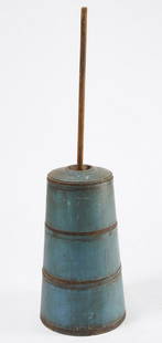 Blue Butter Churn: Early butter churn in original blue paint with iron strapping, original lid. Bottom iron band is missing. American, 19th century. Portion of plunger may not be original. H 24". Please refer to this