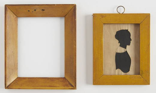 Two Miniature Portrait Frames in Yellow Paint: Two miniature portrait frames in original yellow paint. One with a silhouette. Estate of Nancy Sevatson. Frame size H 6" W 5".Frame with silhouette H 5" W 4" Sight Size H 3-1/2 " W 2-1/2". Please see