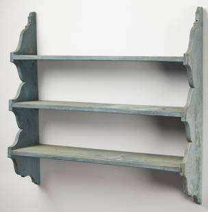 Antique Shelf in original Blue Paint: Good barn fresh hanging shelf in old, possibly original blue paint. Connecticut, circa 1900. W33" H 31-1/2". Please refer to this link for a high-res image.