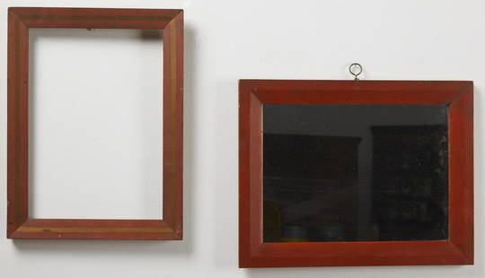 Two Painted Frames: Two American 19th century painted frames in original condition. Red frame with wide stripe gold decoration OA 16-3/8" x 12-3/8" . Rabbet size 14-1/8" 10-1/8". Red frame OA 17" x 13-3/8". Rabbet size