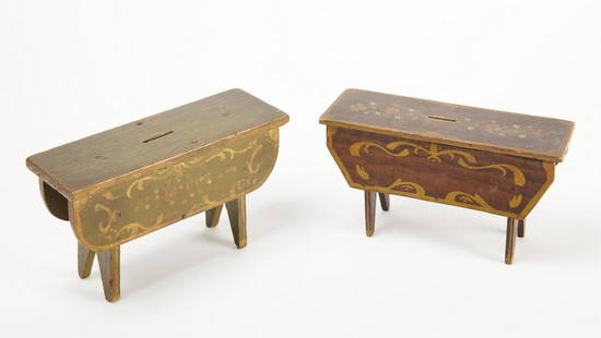 Pair of Decorated Bank Stools: Pair of paint-decorated miniature penny bank stools. American, circa 1865. One bank missing the bottom otherwise excellent. Each L8" W 2-7/8" H 4-1/8". Please refer to this link for high-res images.