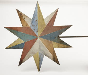 Star Trade Sign: Star trade sign. Original paint on heavy gauge sheet iron. Late 19th century. Beautiful thin original paint. Outstanding original condition. Original iron bracket with modern star shaped wall