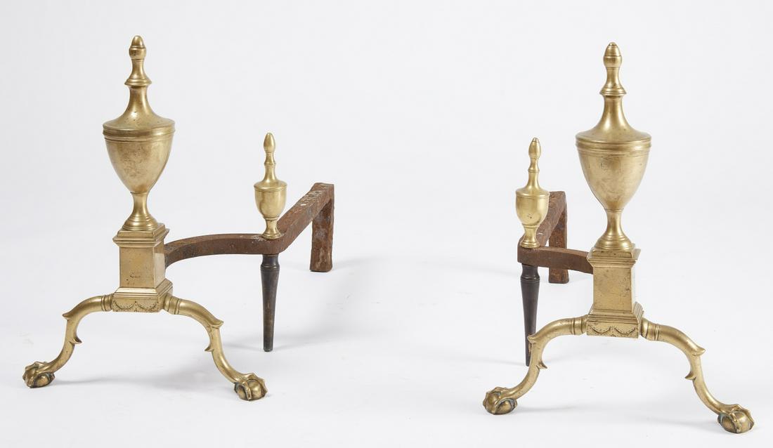 Fine Pair of Philadelphia Andirons: Fine pair of Philadelphia andirons with ball and claw feet and engraved plinths. Circa 1800. H 18-1/2" D 25-1/4" D dogs 22-1/4". Please refer to link for hi res photos. https://www.dropbox.com/sh/8nzb