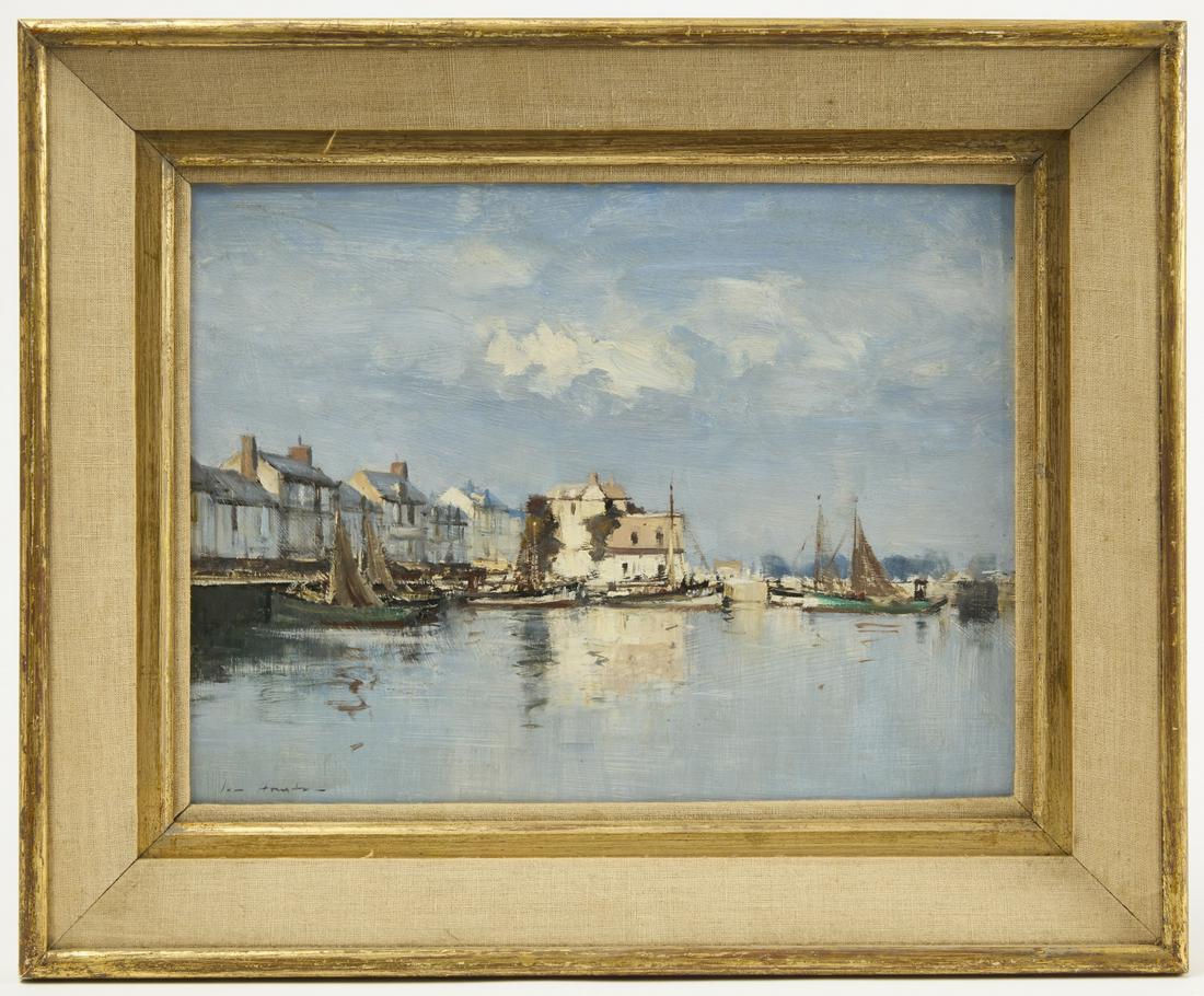 Ian Houston Fishing Boats on Honfleur: Ian Houston - Fishing Boats on Honfleur, dated 1974. Oil on Masonite. Original frame. Frame size H 17-5/8" W 21-5/8" masonite H 12" W 15-7/8". CONDITION: Excellent. Inspected under uv light. No restor