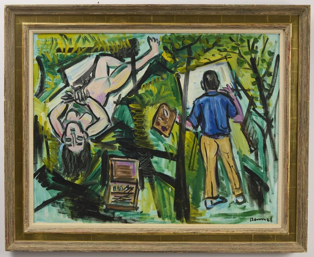 Ben Benn - Artist and His Model 1968: Benn Benn ( 1884-1983) Artist and his model. Oil on canvas. Titled and dated 1968 on the back. Signed and dated LR. Canvas H 28" L 36". Frame size 34-3/4" W 42-3/4". CONDITION: Excellent. Inspected un