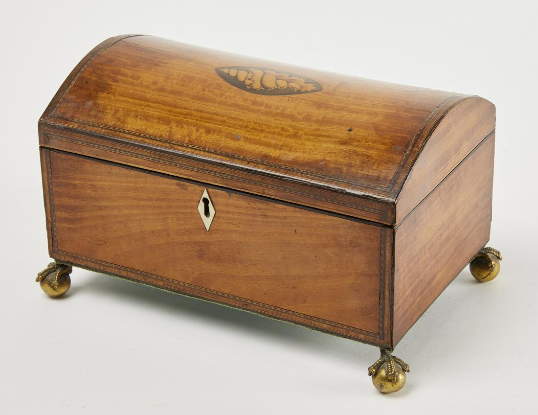 Federal Inlaid Dome Top Box: Good Federal period inlaid dome top box with shell and banded inlay. Bone escutcheon and brass ball and claw feet. Circa 1825. H 6" W 9-3/4" D 6". Copy and paste this link for a high-res image. https: