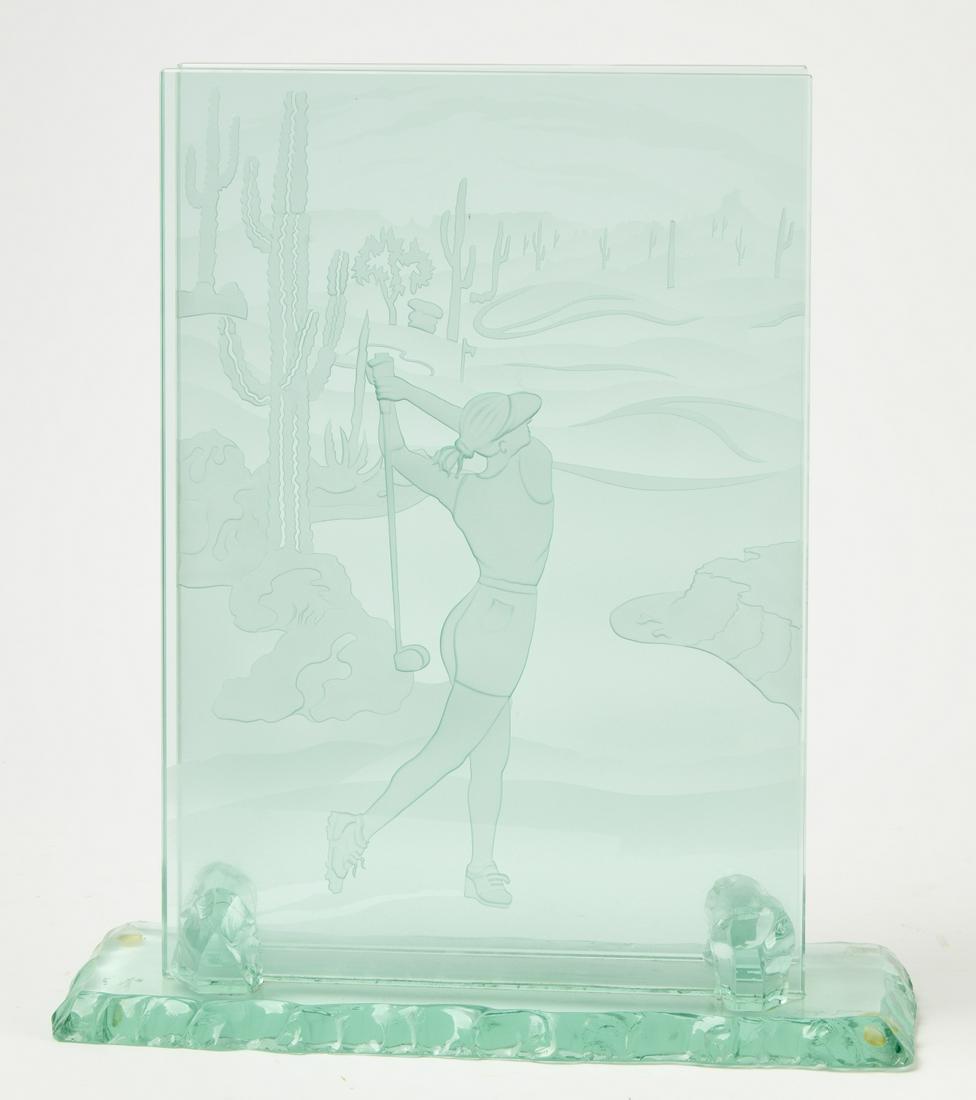 Etched Glass Vintage Golf Sculpture: Heavy etched glass golf sculpture. H 18" W 16" D 5-1/2". CONDITION: Some chips to glass. Please copy and paste the link for high-res images. https://www.dropbox.com/sh/u7vrok6mtk90tu0/AACQ6c7wriBIvhro