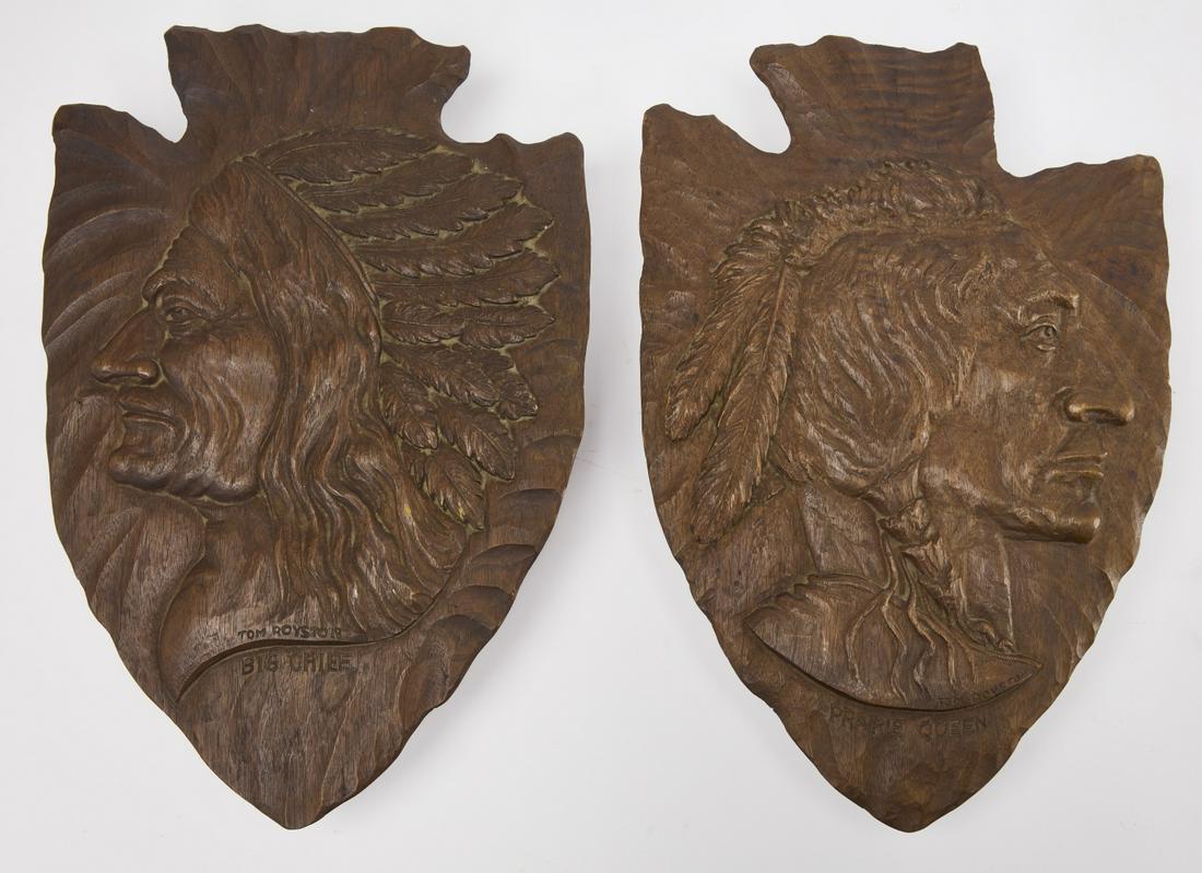 Pair Carved Indian Heads signed Thomas Royston (1 of 2)