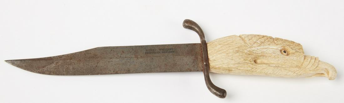 Carved Knife with Eagle Head: Vintage carved Knife with carved bone eagle head. L 9-3/4". Please copy & paste this link for high-res images. https://www.dropbox.com/s/bh9r527e11ra9fj/1865284_1.jpg?dl=0