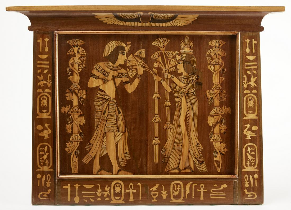 Egyptian Revival Inlaid Panel: Egyptian revival marquetry inlaid panel. Early 20th century. H 22" W 30-1/8". Please copy and paste this link for a high-res image. https://www.dropbox.com/s/3yc0fws3y1wq0p0/449020_1.jpg?dl=0