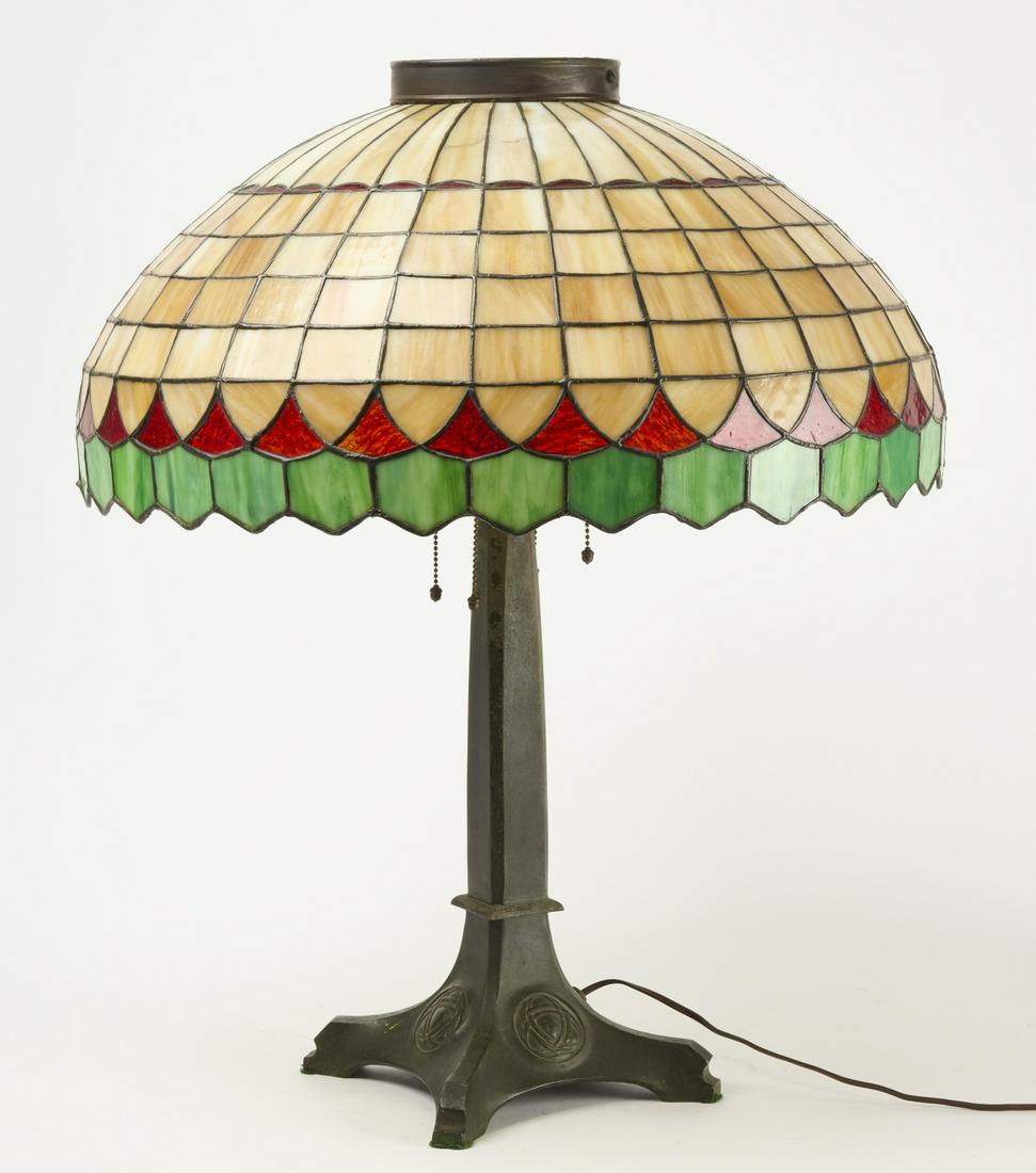 Lamp With Leaded Glass Shade: Lamp with leaded glass shade. H of base 25". Dia. of shade 23". Copy and paste link for high-res images. https://www.dropbox.com/s/le1flpadwnmn1a3/1126009_1.jpg?dl=0