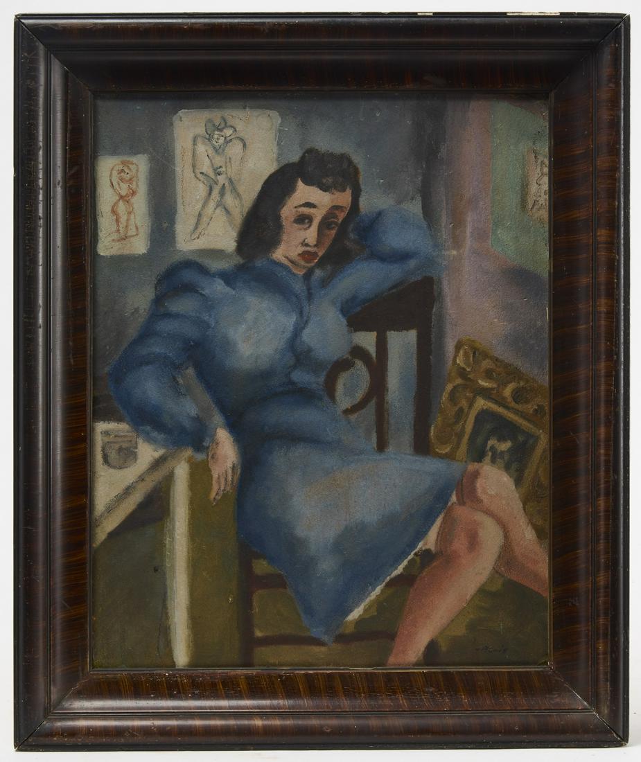 Modernist Portrait of a Woman in a Blue Dress: Modernist portrait of a lady in blue. American, circa 1940. Signed Boris LR. Oil on artist's panel. Frame size H24-1/2" 20-1/2". Please copy and paste the link for high-res images. https://www.dropbox