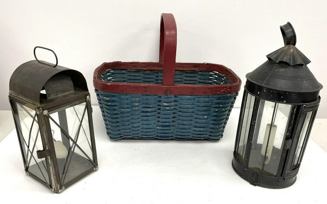 Painted Basted and Two Early Tin Lanterns (1 of 2)