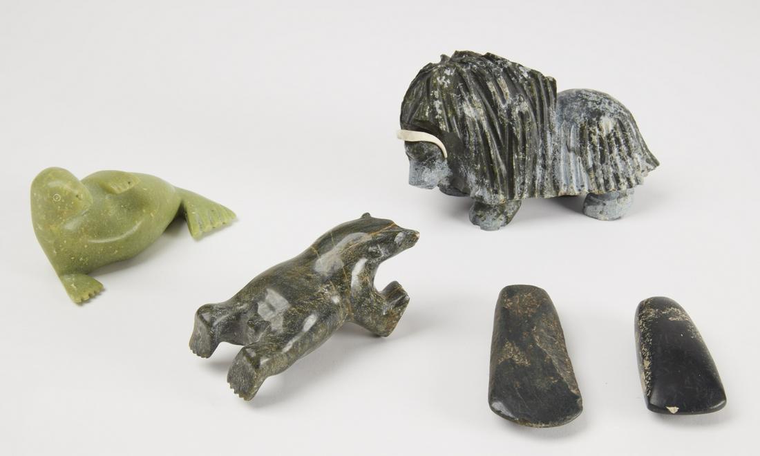 Three Eskimo Carved Stone Figures & Implements (1 of 2)