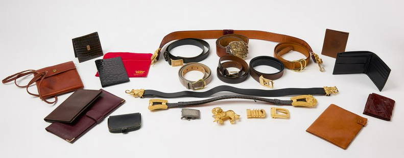 Lot Designer Belts and Wallets: Belts- Christian Dior split leather belt (length: 38-1/2"), Alexis Kirk expandable belt (length: 20-1/2"" to 33-1/2" ), SandyVal leather belt with pewter belt buckle (length: 40"), Brooks Brothers bel