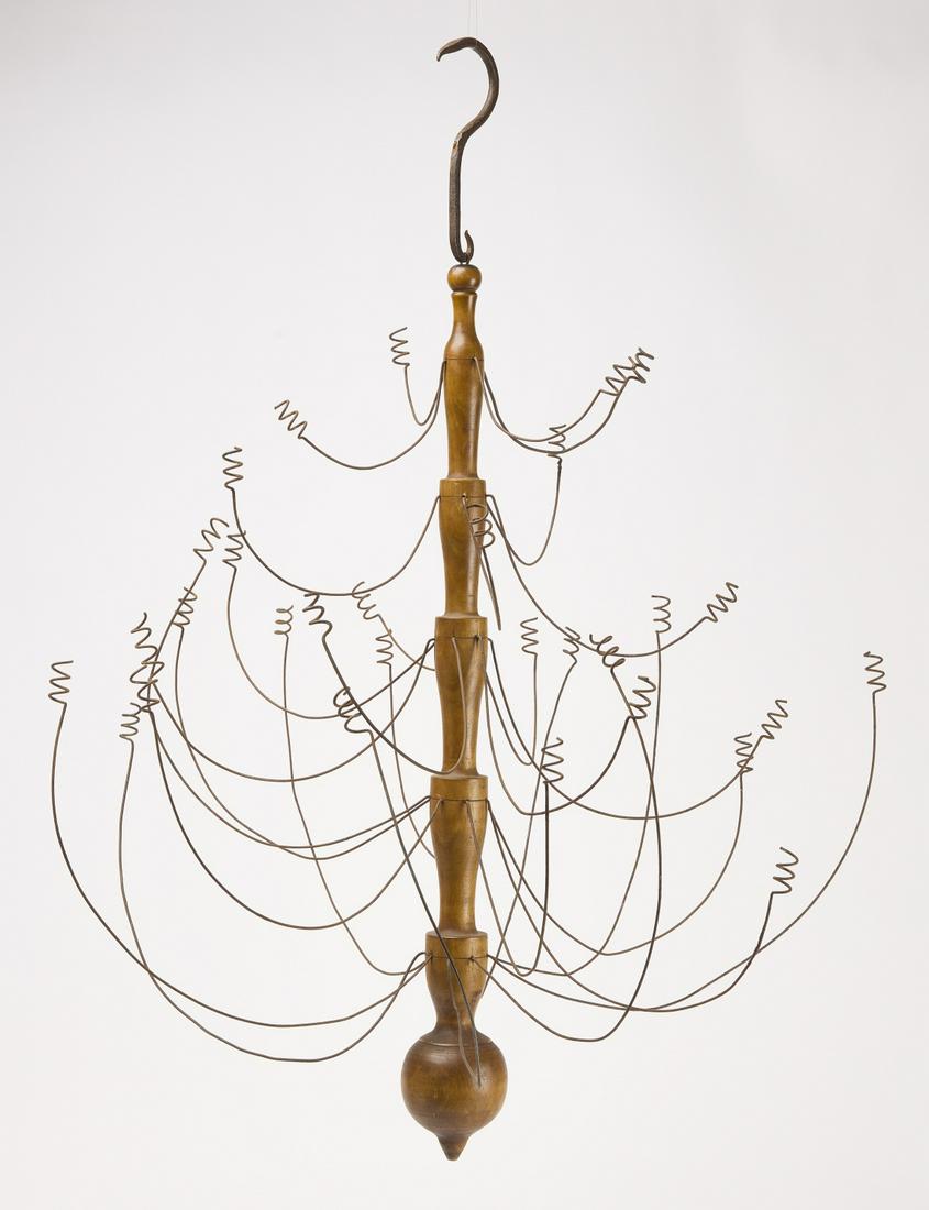 Five Tier Country Chandelier: Five tier country hanging chandelier with maple turned shaft. Scribe lines delineate placement of wire arms. New England, 19th century. H with hook 31-3/8" H of base 25-1/2". Condition: Fine original 
