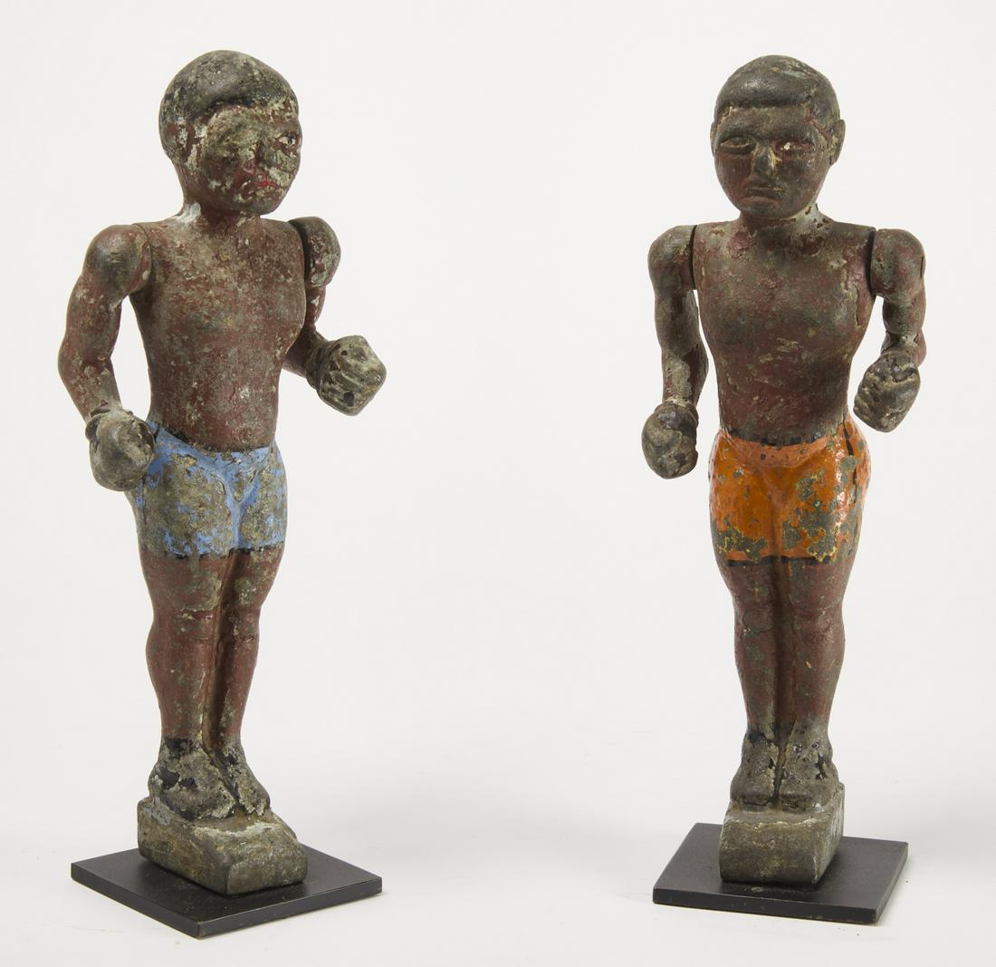 Articulated Folk Art Arcade Boxers: Interesting arcade boxers. Heavy painted metal, probably zinc. H 13". Condition: Original condition, minor paint loss. Copy and paste this link for high-res images. https://www.dropbox.com/sh/xszfl0a2