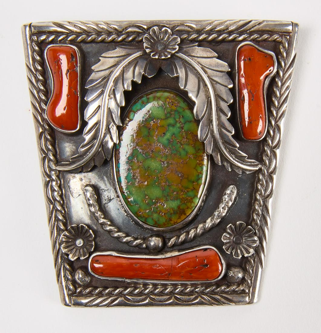 Large Navajo Silver Turquoise and Coral Bolo: Large vintage Navajo silver, turquoise and coral bolo. H 2-3/4" W 2-1/2". Weight 1.94 ozt.Copy and paste this link for high-res images. https://www.dropbox.com/sh/6dqs51386l53pqv/AAC-dxokMEcXMLE74s1YL