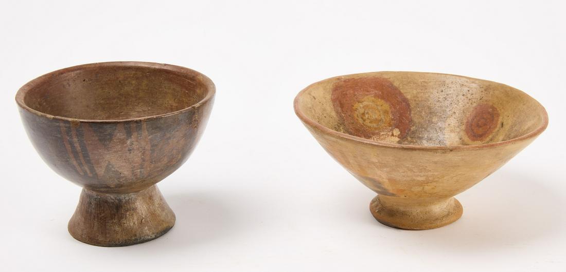 Pre-Columbian Bowls from Ecuador: Two Pre-Columbian bowls from Ecuador. Bowl H 5-1/4" Dia rim 5-3/4" Dia base 2-1/2". Bowl with rim H 3-3/4" Dia. rim 3-3/8" Dia base 2-1/2". Copy and paste this link for high-res images. https://www.dr