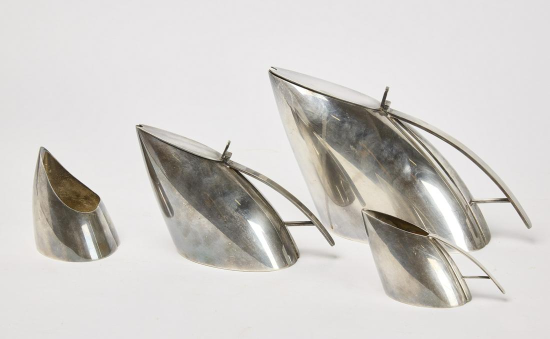 FALA Modernist Silvered Coffee Set: FALA modernist silvered coffee and tea set. Italy, circa 1965. Each piece signed on the bottom. Coffee H 6-3/4". Tea H 5-1/4" creamer H 3-1/4" sugar H 4". Condition: Excellent condition. no damage. Li