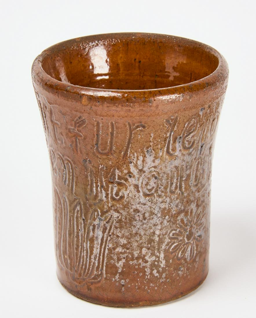 Redware Cup for Wedding Toast: Redware wedding cup. Moravian Pottery. Would have been one of a pair used for wedding toast. Text incised in German and dated 1793. 19th century Colonial revival example, circa 1890. Bucks County Hist