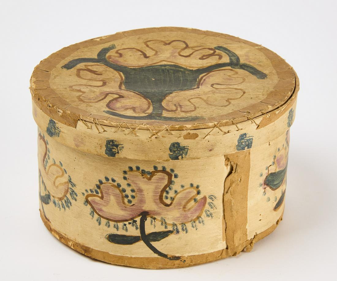 Paper Covered Box: Paper covered wood box with stylized floral watercolors. Probably New England, mid-19th century. H 4 -7/16" W 7- 7/8" D 6- 7/16". Condition: Original condition with minor imperfections. Copy and paste
