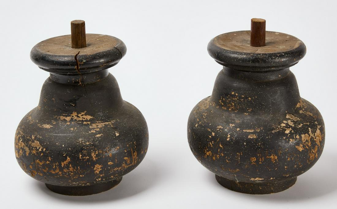 Pair of Painted Black Wooden Kas Feet: Pair of 18th century turned Kas feet. American, 18th century. H 11" D widest 9". Condition: Original condition with minor imperfections Copy and paste this link for high-res images: https://www.dropbo