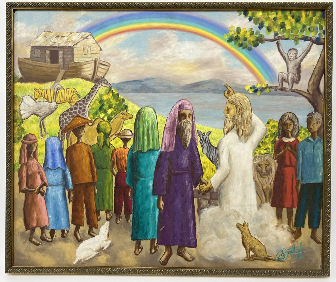 Jean-Baptiste Bottex 'After the Flood': Jean - Baptiste Bottex (1918-1978) Hatian painting of Noah and the Ark titled, "After the Flood". Signed LR and dated 1970. H 20-3/4" W 24-3/4" Condition: Excellent original condition