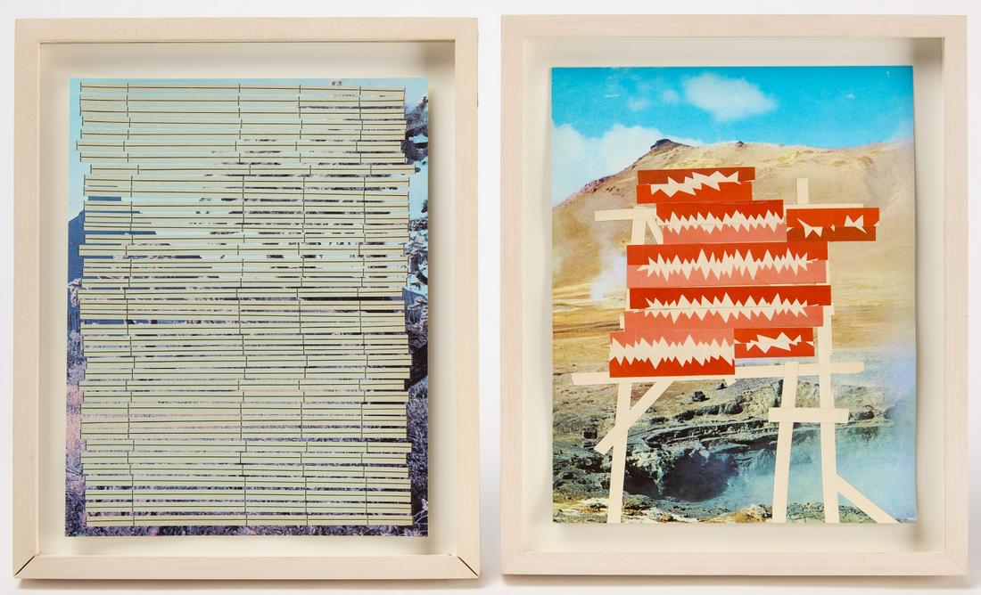 Northridge Collage #127 and #128: Mathew Northridge collage on paper, "The World we Live In (#127)", Frame size: H 11-3/4" W 10-1/2" D 1-1/4" Picture size: H 10" W 8". Mathew Northridge collage on paper, "The World we Live In (#128)",