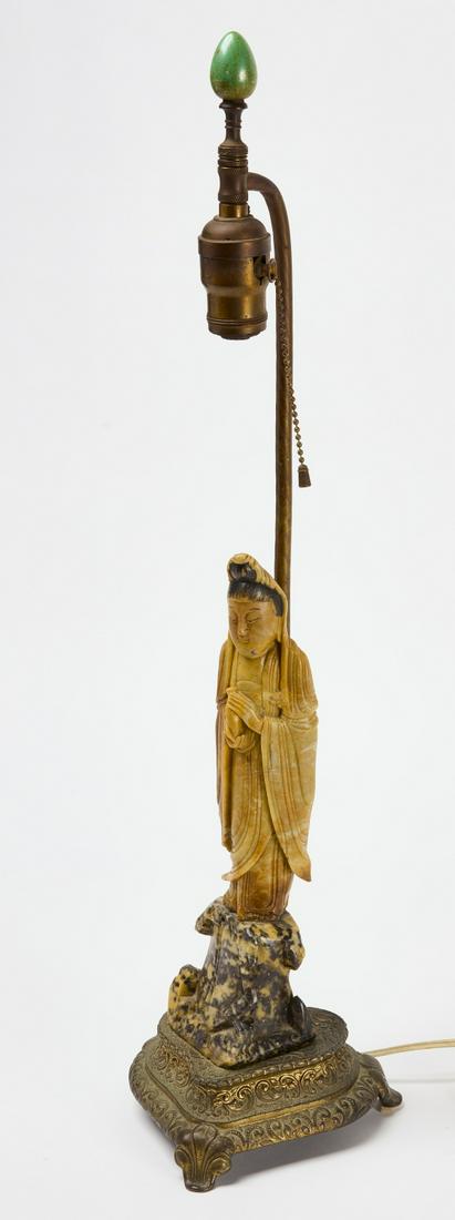 Chinese Lamp: Lamp with Chinese carved stone figure. OH 25" H (figure) 11-3/4" Condition: Excellent. No damage noted. Copy and paste the link below to view high-resolution images: https://www.dropbox.com/sh/3di3y5k