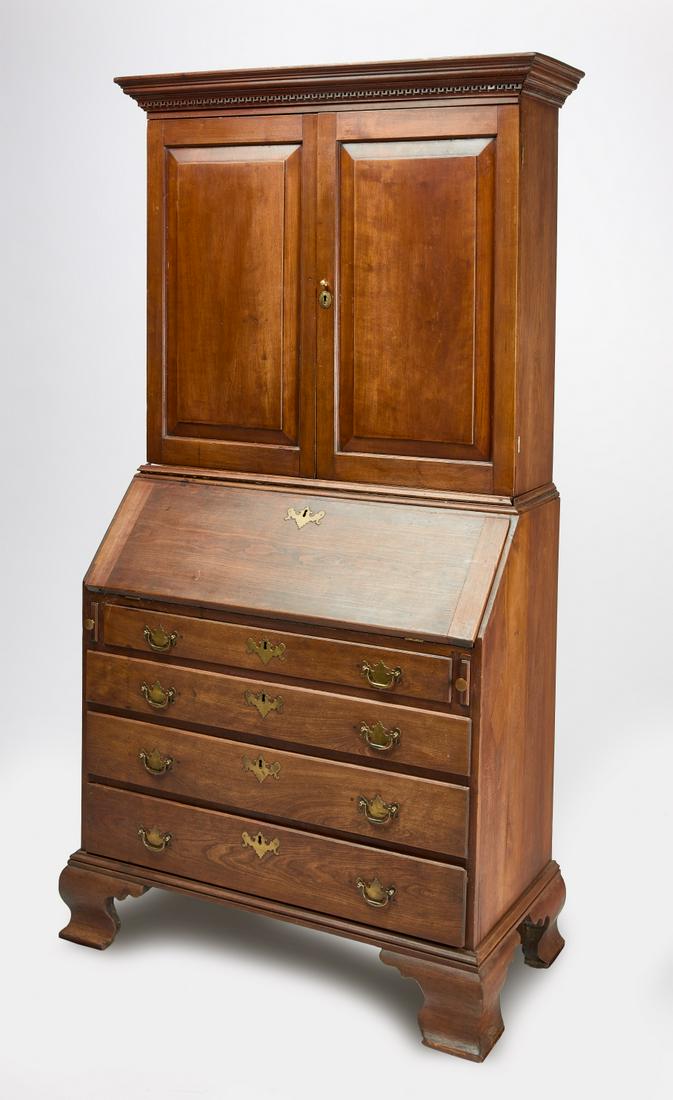 Secretary Desk Two-Part: Secretary desk in two parts. Walnut, Ogee bracket feet. Connecticut, late 18th century. Condition: Brasses are replaced. Holes re-drilled for replacement brasses. Loose waist moldings. Minor imperfect